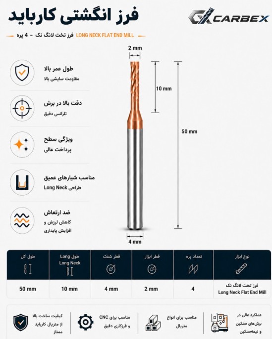 مشخصات فرز لانگ نک تخت کارباید قطر 2 میلیمتر گردن 10 میلیمتر