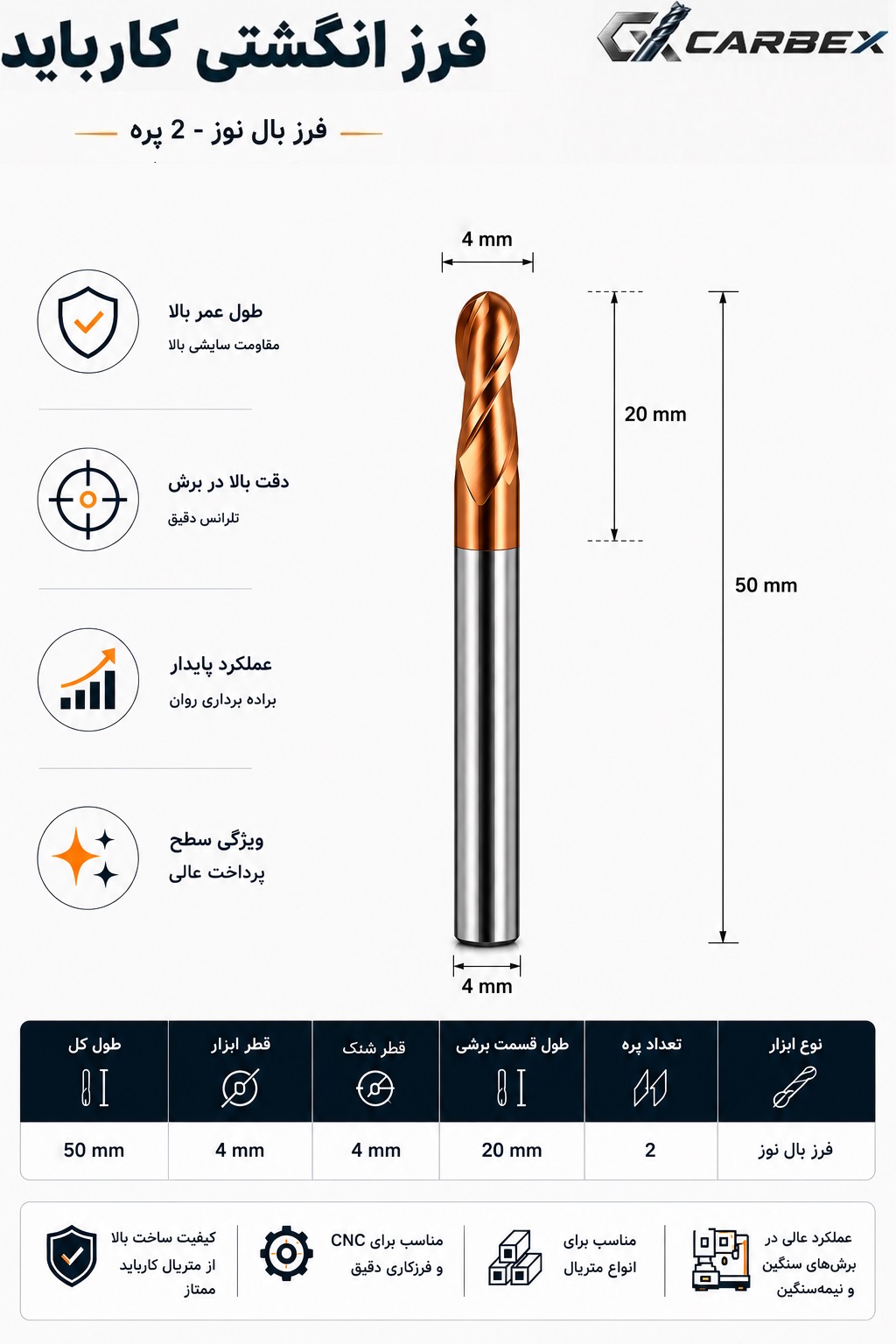 مشخصات فرز بال نوز کارباید قطر ۴ میلیمتر طول ۵۰ میلیمتر