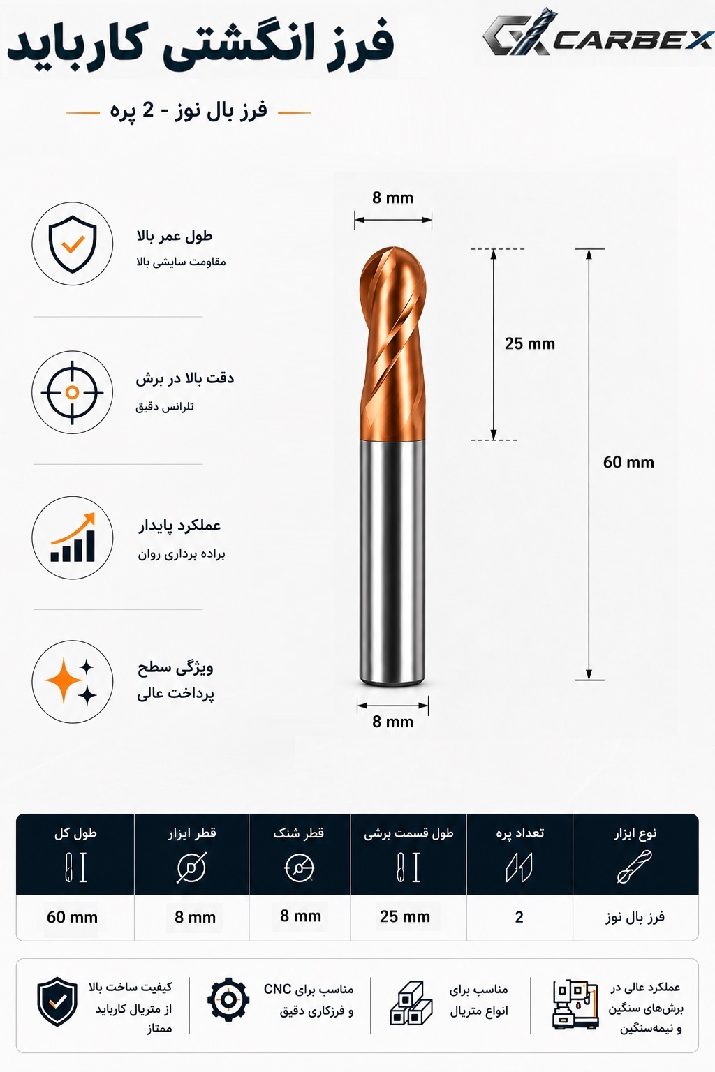 مشخصات فرز بال نوز کارباید قطر ۸ میلیمتر طول ۶۰ میلیمتر