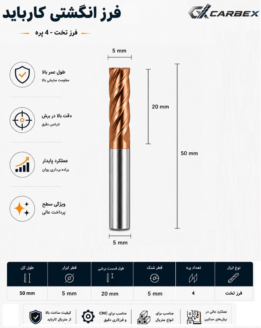 مشخصات فرز تخت کارباید قطر ۵ میلیمتر طول ۵۰ میلیمتر شنک ۵